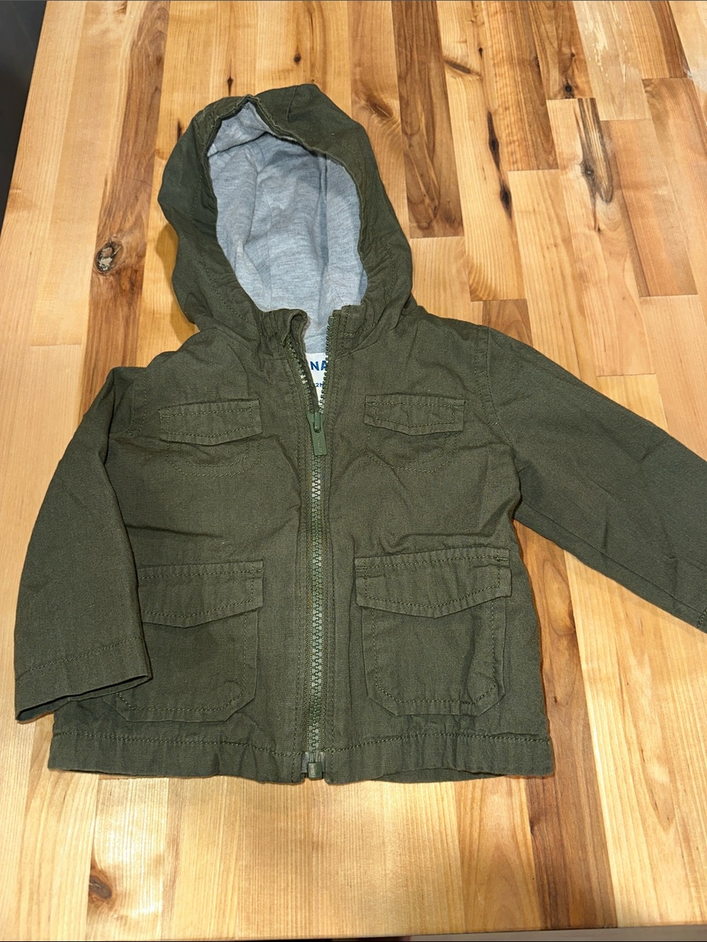 Old Navy Olive Green Hooded Kids Coat with Gray Lining
